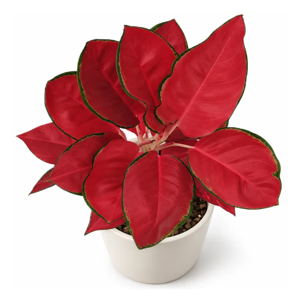 Aglaonema A026 Super Red in a white ceramic pot, elevated three-quarter view on a white background