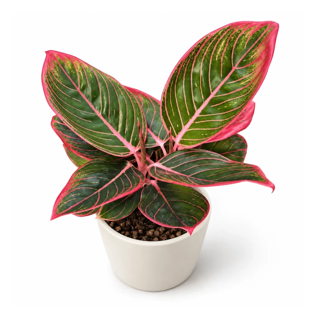 Aglaonema khanza in a white ceramic pot, elevated three-quarter view on a white background