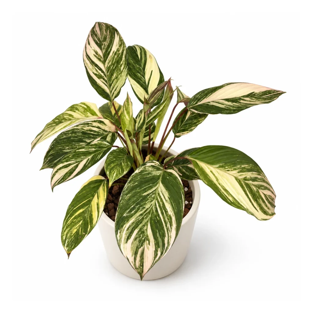 Ctenanthe 'Cloud Brocade' in a white ceramic pot, elevated three-quarter view on a white background