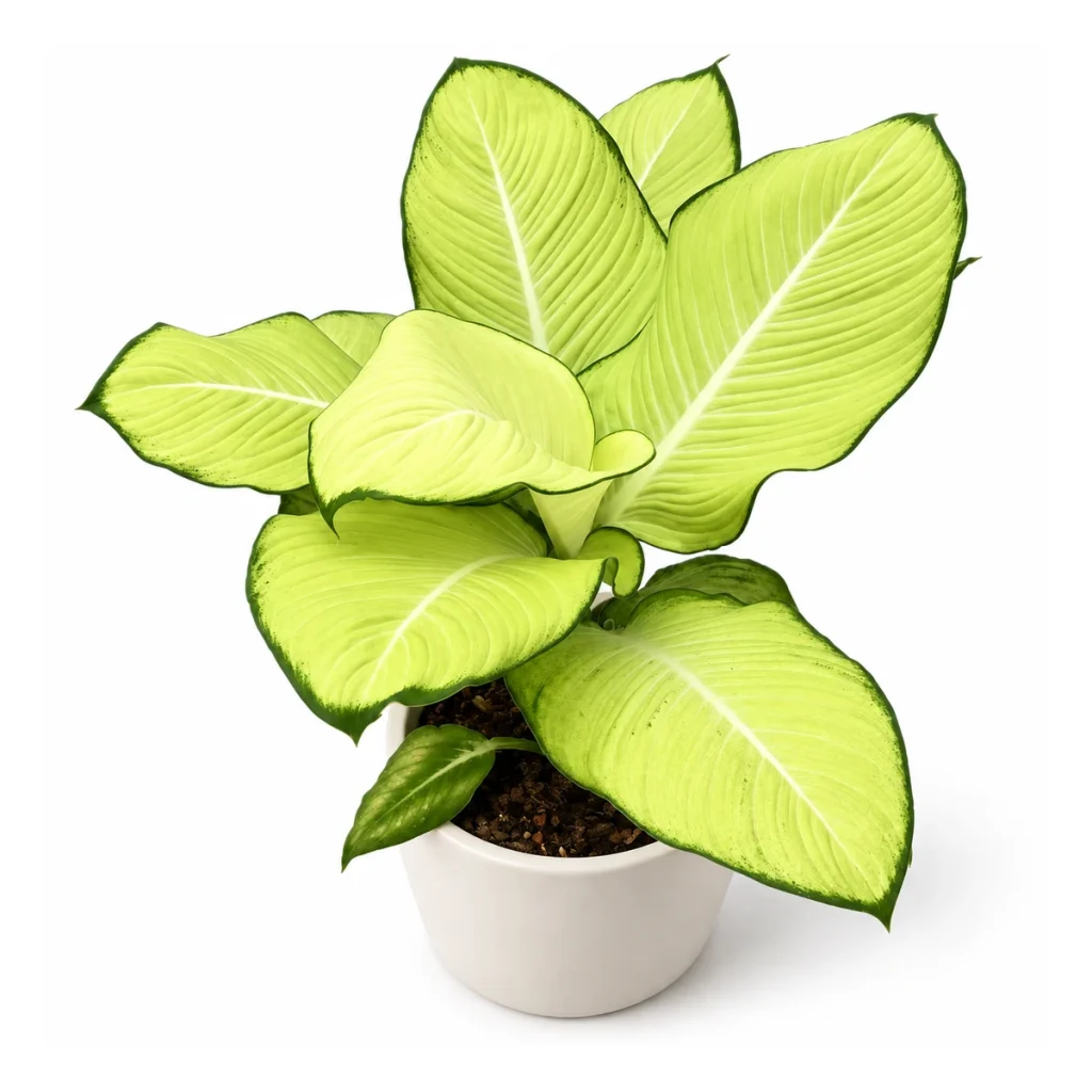 Dieffenbachia Avocado Hass in a white ceramic pot, elevated three-quarter view on a white background