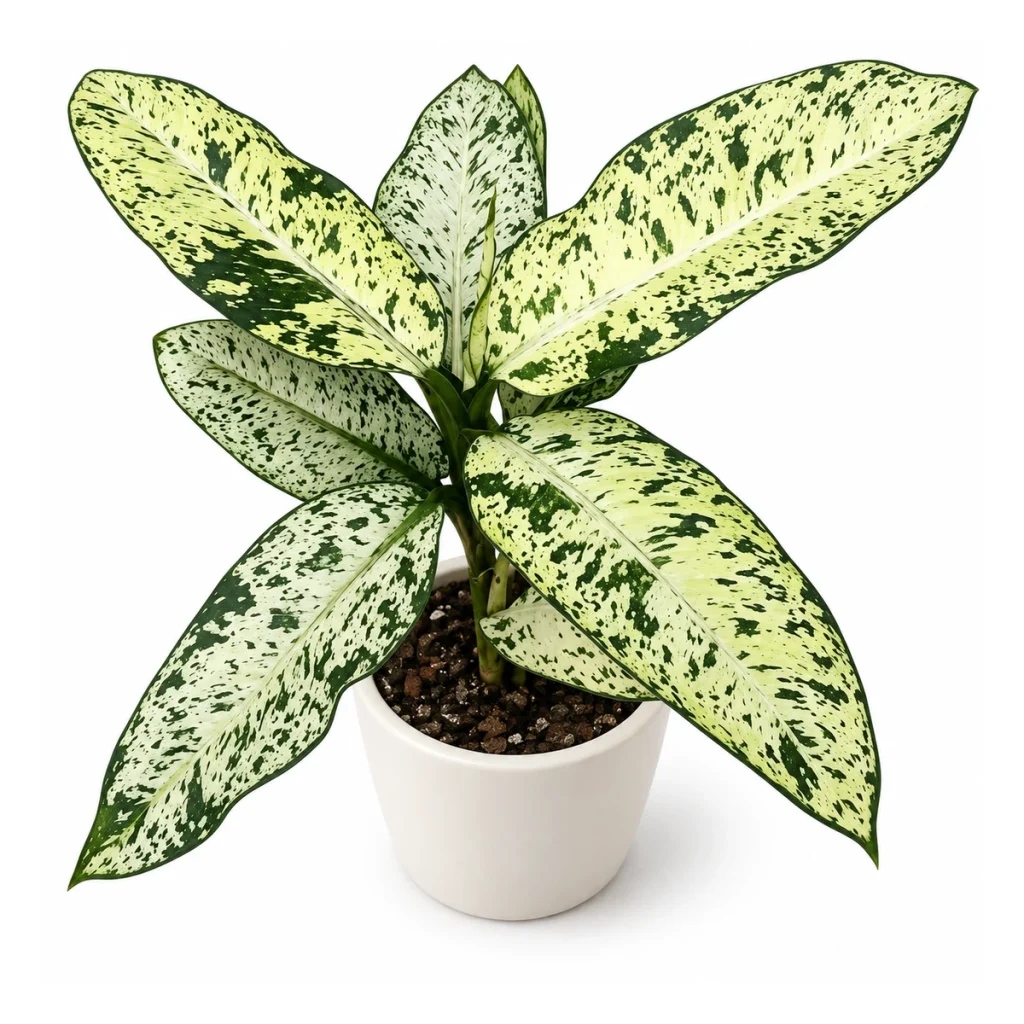 Dieffenbachia seguine 'Banana' in a white ceramic pot, elevated three-quarter view on a white background