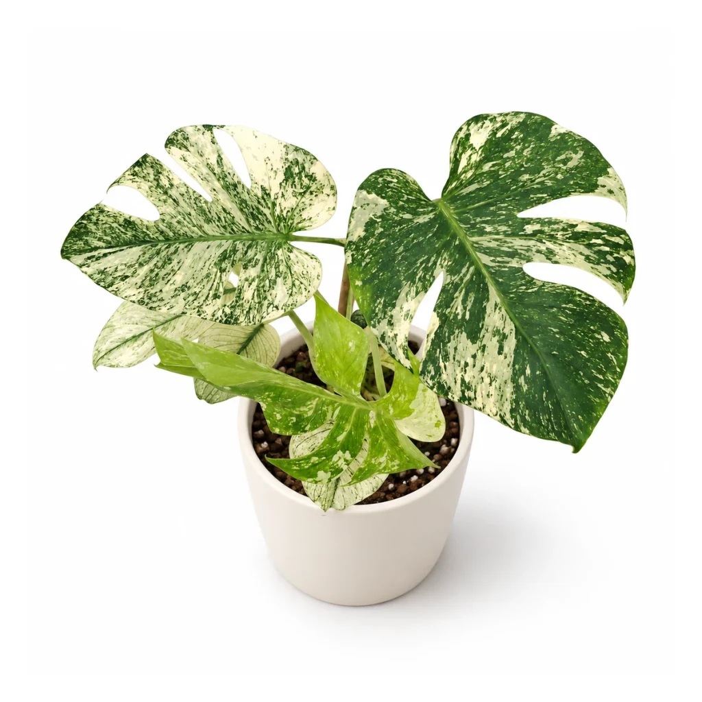 Monstera deliciosa White monster in a white ceramic pot, elevated three-quarter view on a white background
