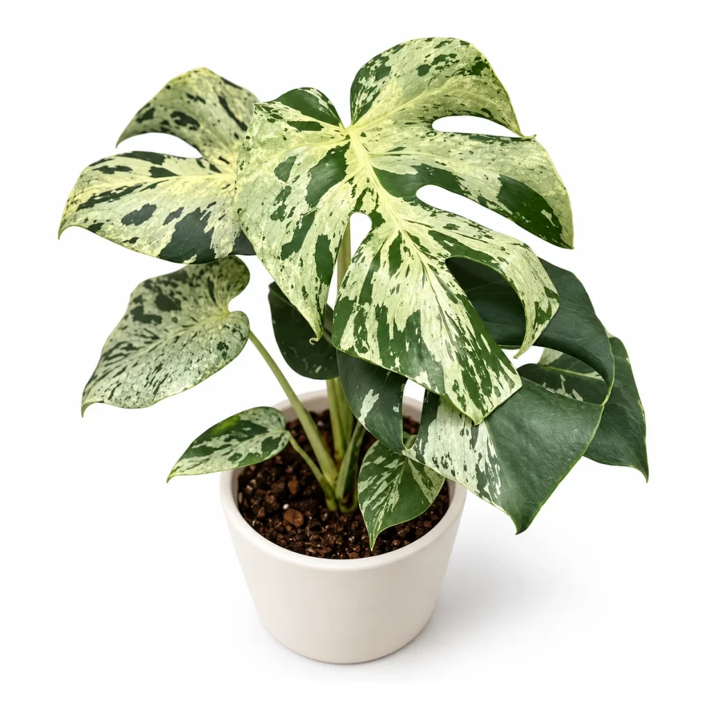 Monstera deliciosa Bulbasaur in a white ceramic pot, elevated three-quarter view on a white background