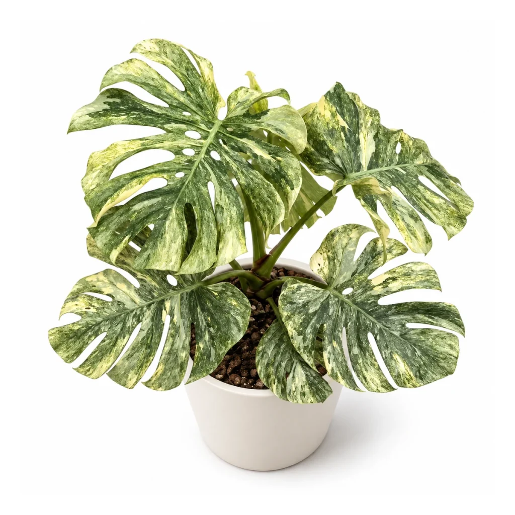 Monstera deliciosa Legacy in a white ceramic pot, elevated three-quarter view on a white background
