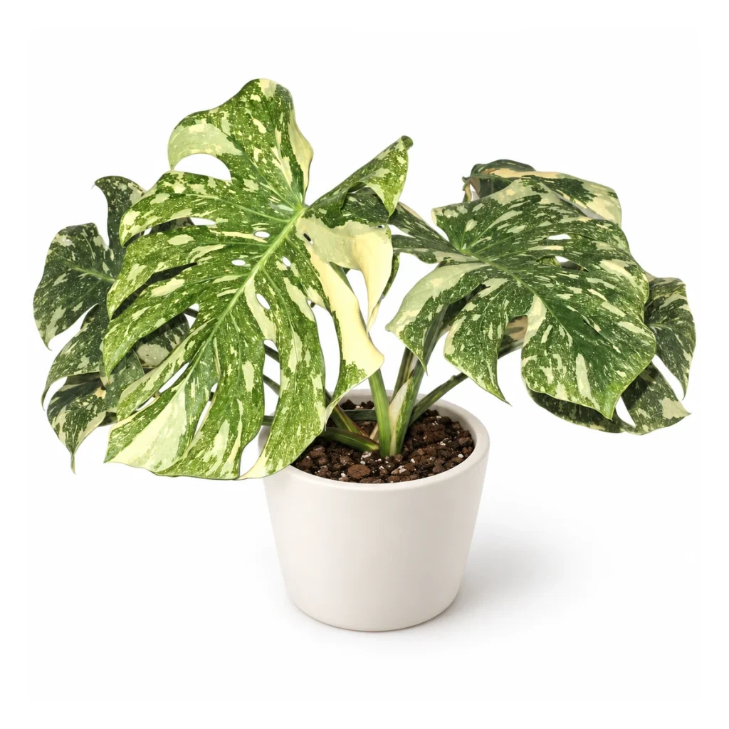 Monstera deliciosa Placer Gold in a white ceramic pot, elevated three-quarter view on a white background