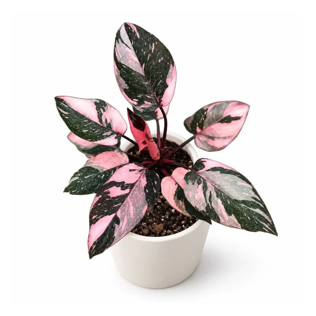 Philodendron erubescens marble Pink Princess in a white ceramic pot, elevated three-quarter view on a white background
