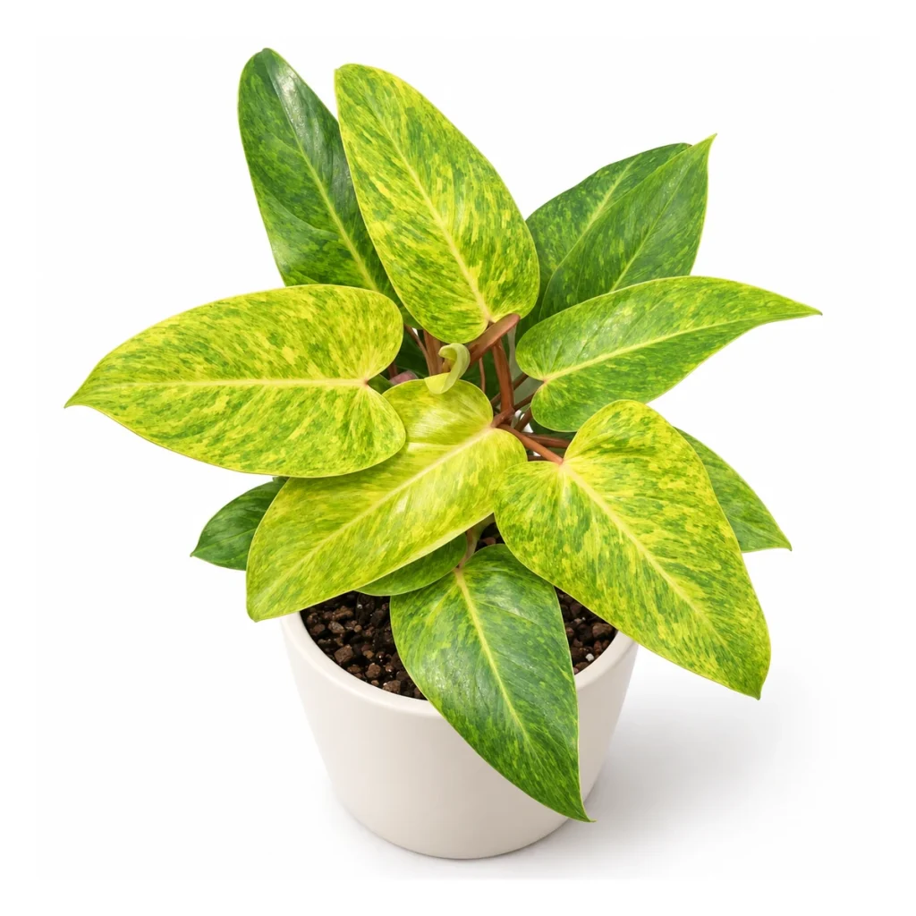 Philodendron erubescens Painted Lady in a white ceramic pot, elevated three-quarter view on a white background