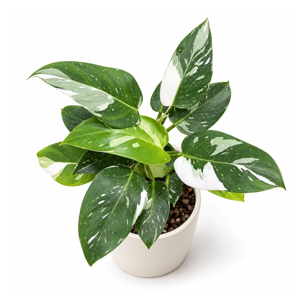 Philodendron erubescens White Princess in a white ceramic pot, elevated three-quarter view on a white background
