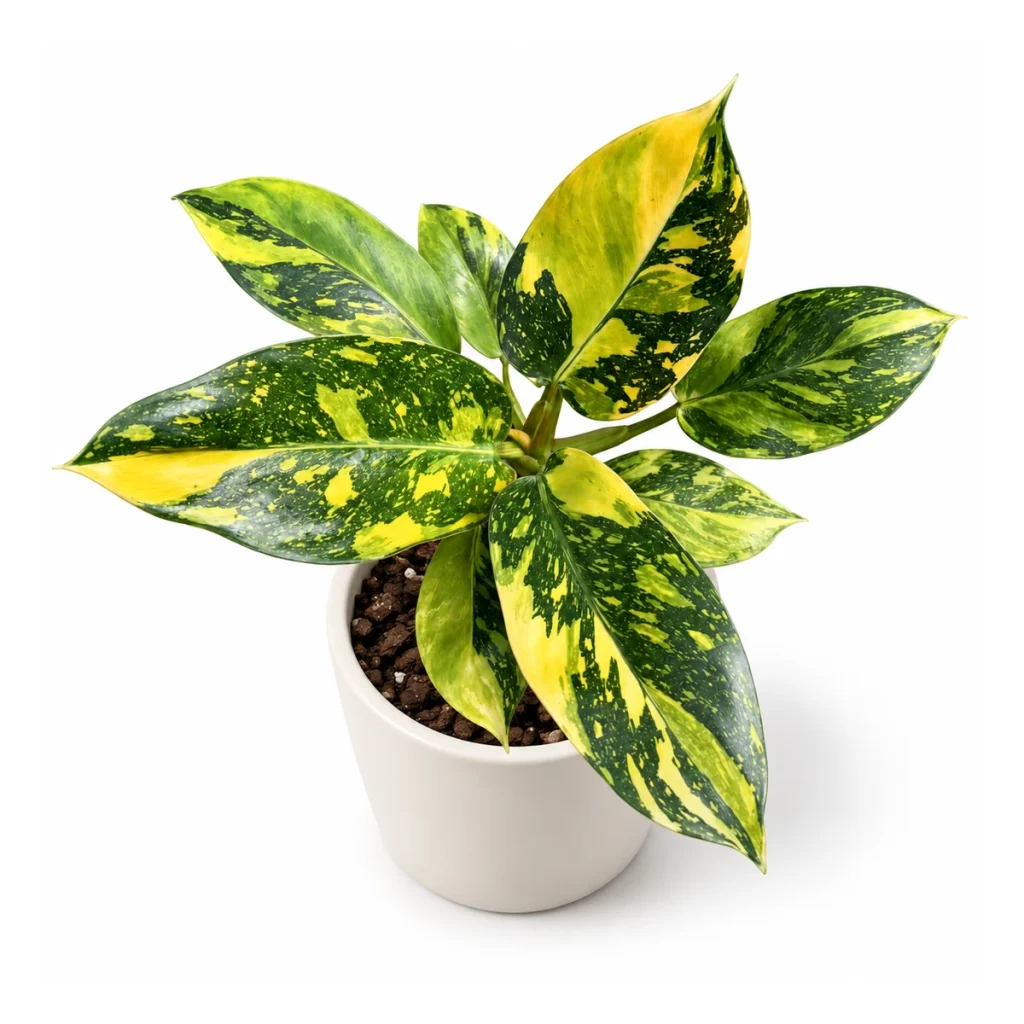 Philodendron Green Congo hybrid in a white ceramic pot, elevated three-quarter view on a white background