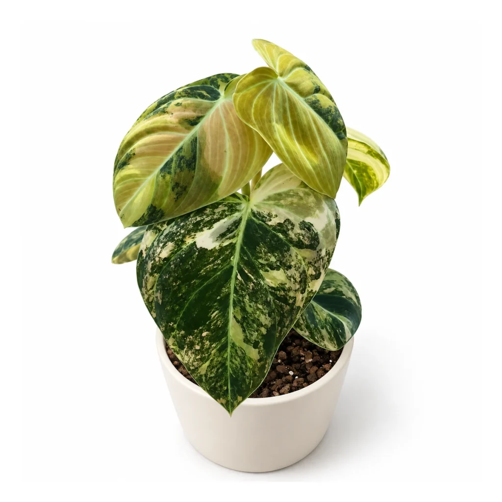 Philodendron melanochrysum Variegata in a white ceramic pot, elevated three-quarter view on a white background
