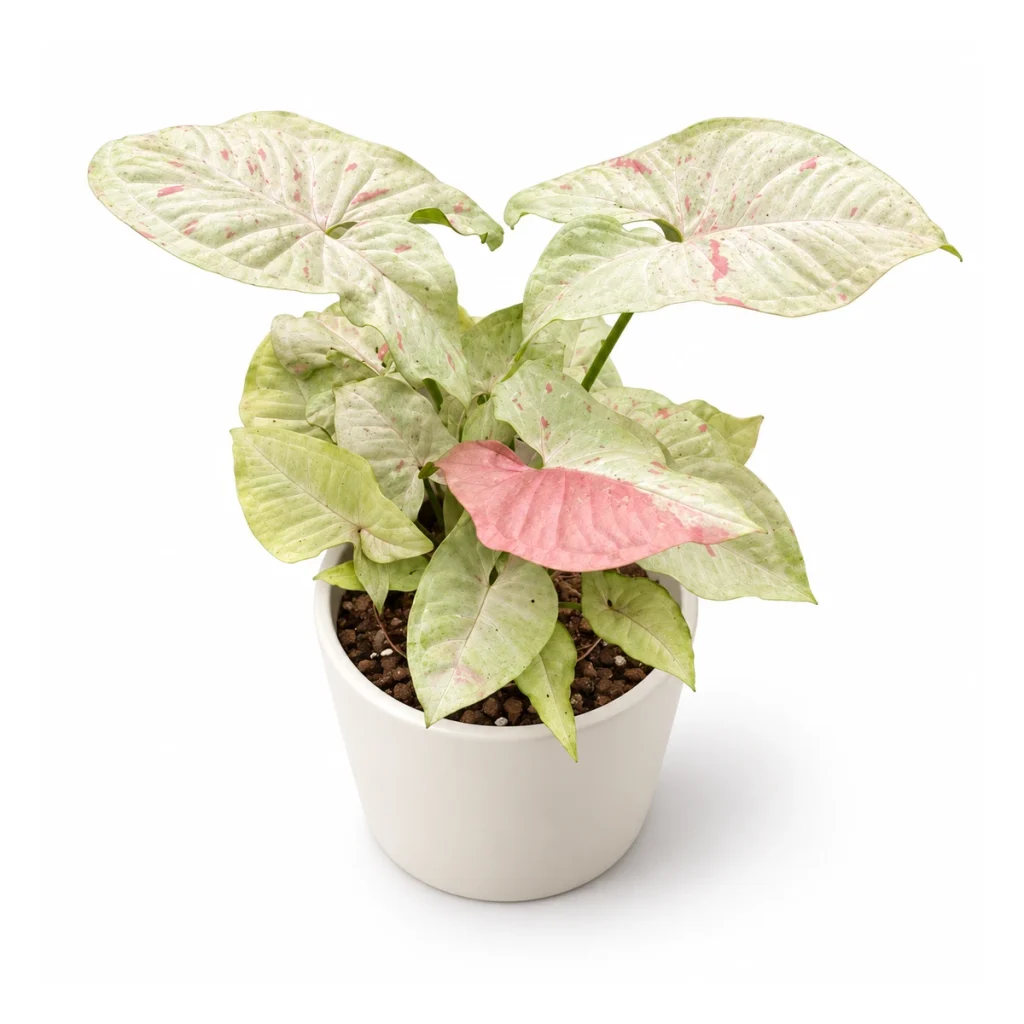 Syngonium podophyllum Milk Confetti in a white ceramic pot, elevated three-quarter view on a white background