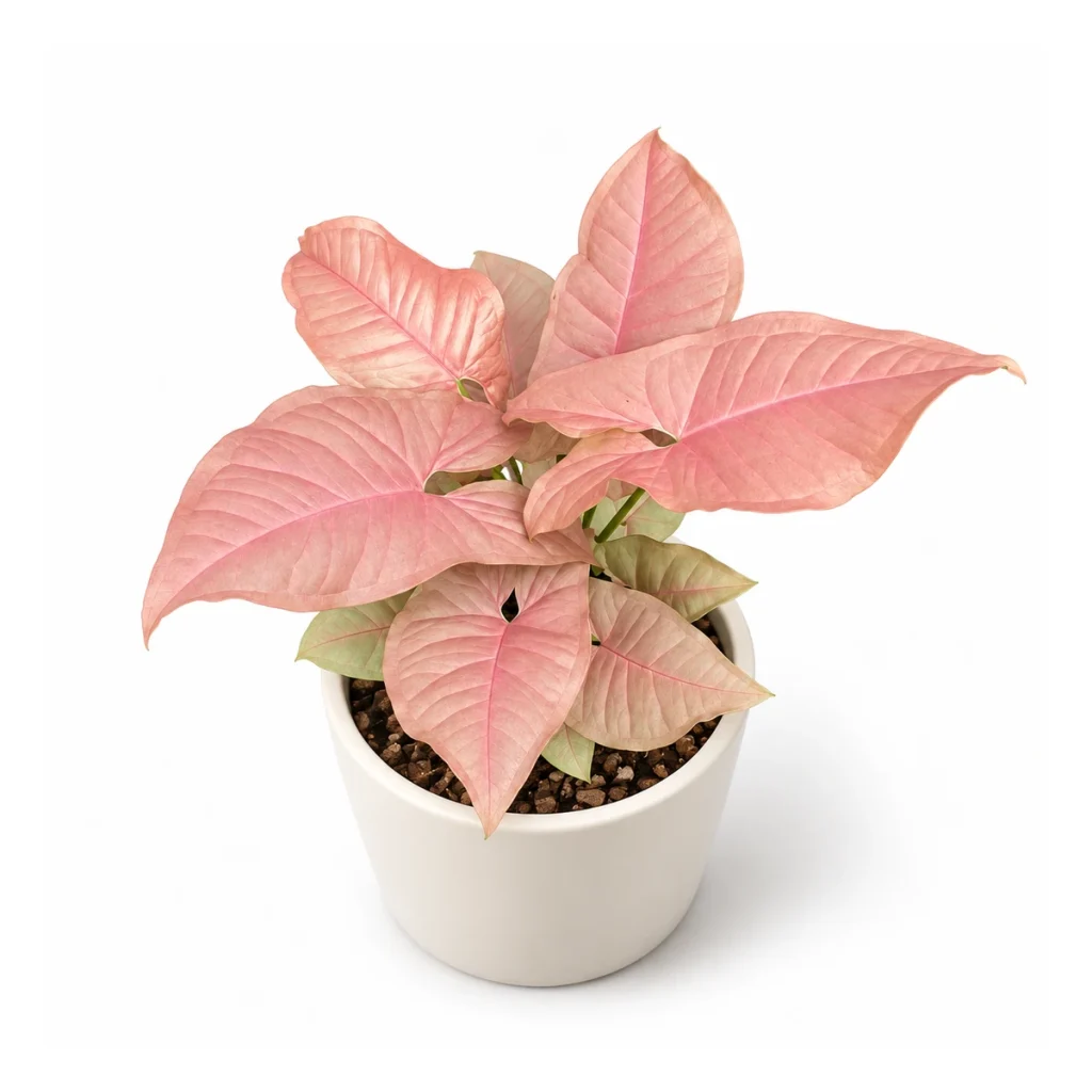 Syngonium podophyllum Neon in a white ceramic pot, elevated three-quarter view on a white background